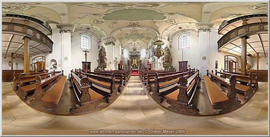Panorama Kath. Wallfahrtskirche Hohenrechberg Innenraum, Mittelgang; equirectangulare Darstellung